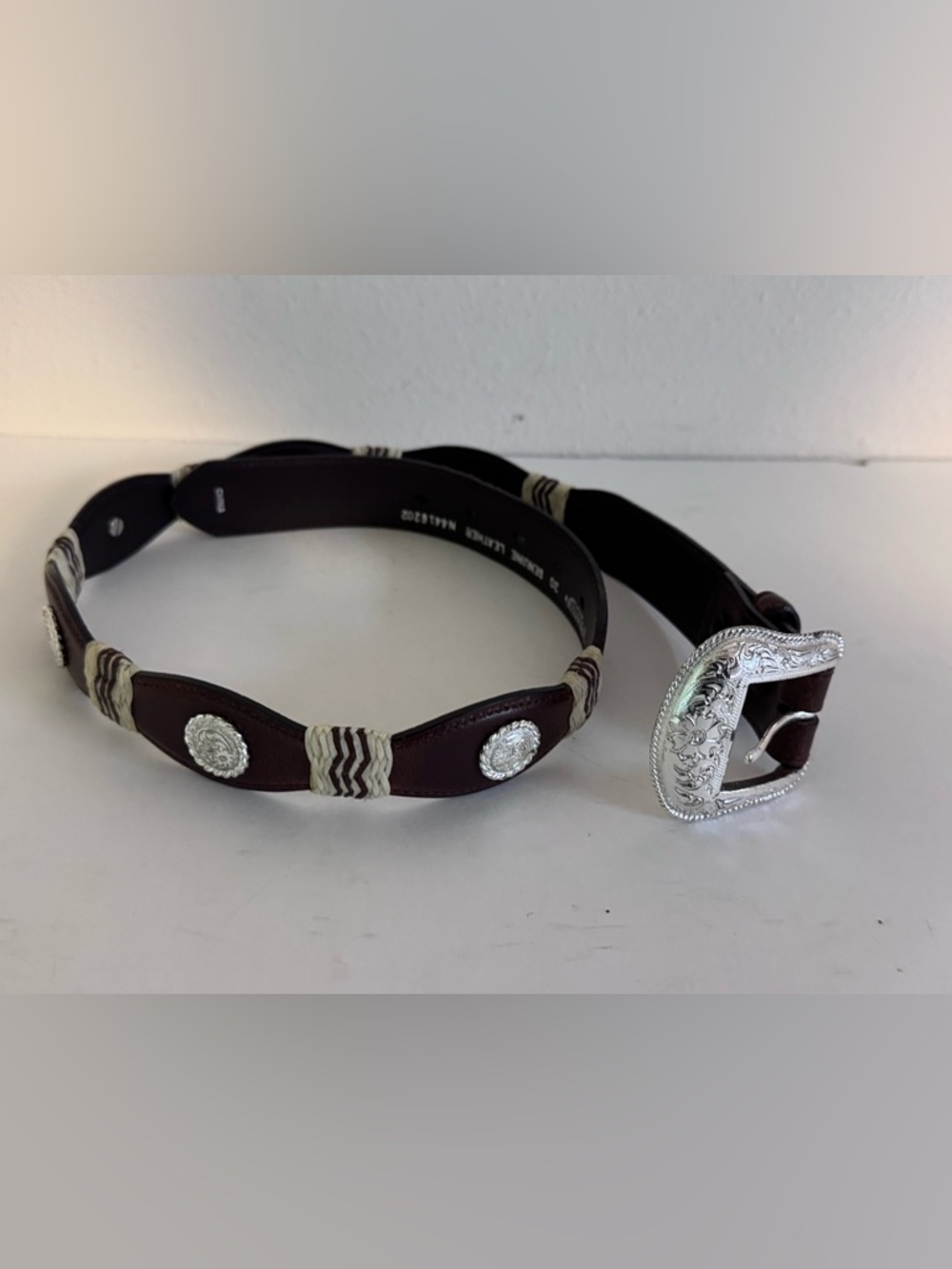 Nacona Western Belt Leather with Silver Tone & Woven Rawhide Accents Women’s 30